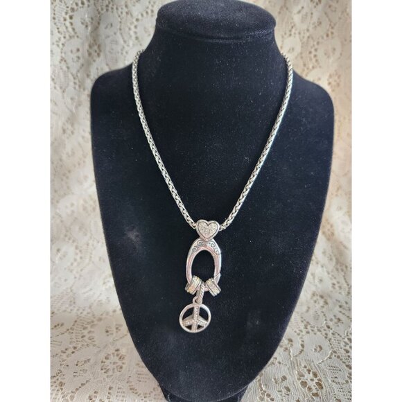EUC Brighton Reversible Charm Necklace Silver-Tone Love & Peace Pendant - Picture 1 of 5